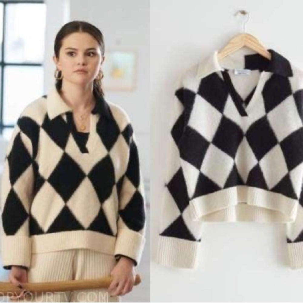 Women's White Checkered Jacquard Black White Knit Sweater